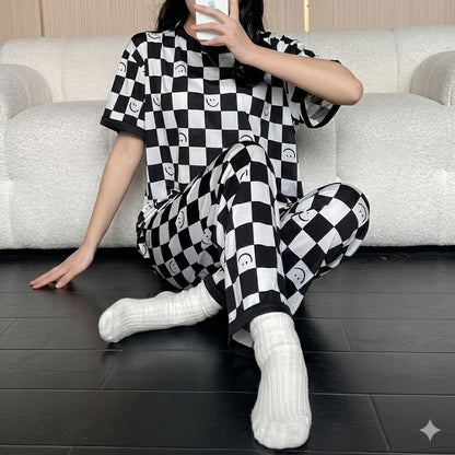 Off White with Black Cheq Smiley Half Sleeves Printed PJ Set For Her