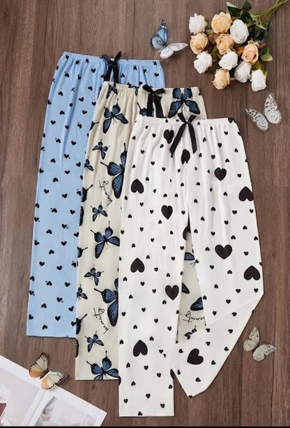 Pack of 3 Multi Printed Palazzo Pajamas (Sky Blue, Off White, White)