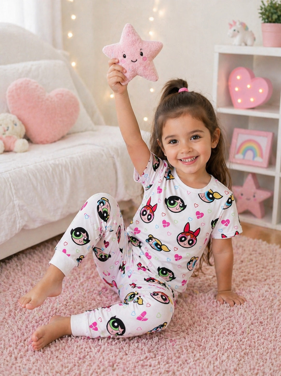 White PowerPuff Girls Printed Half Sleeves Kids Suit
