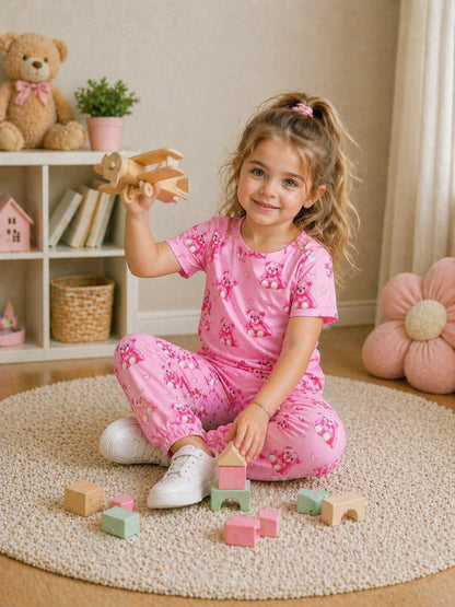 Baby Pink All Over Bears Printed Half Sleeves Kids Suit