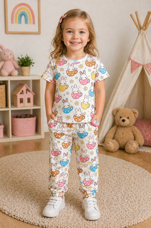 White Cute Rabbits Printed Half Sleeves Kids Suit