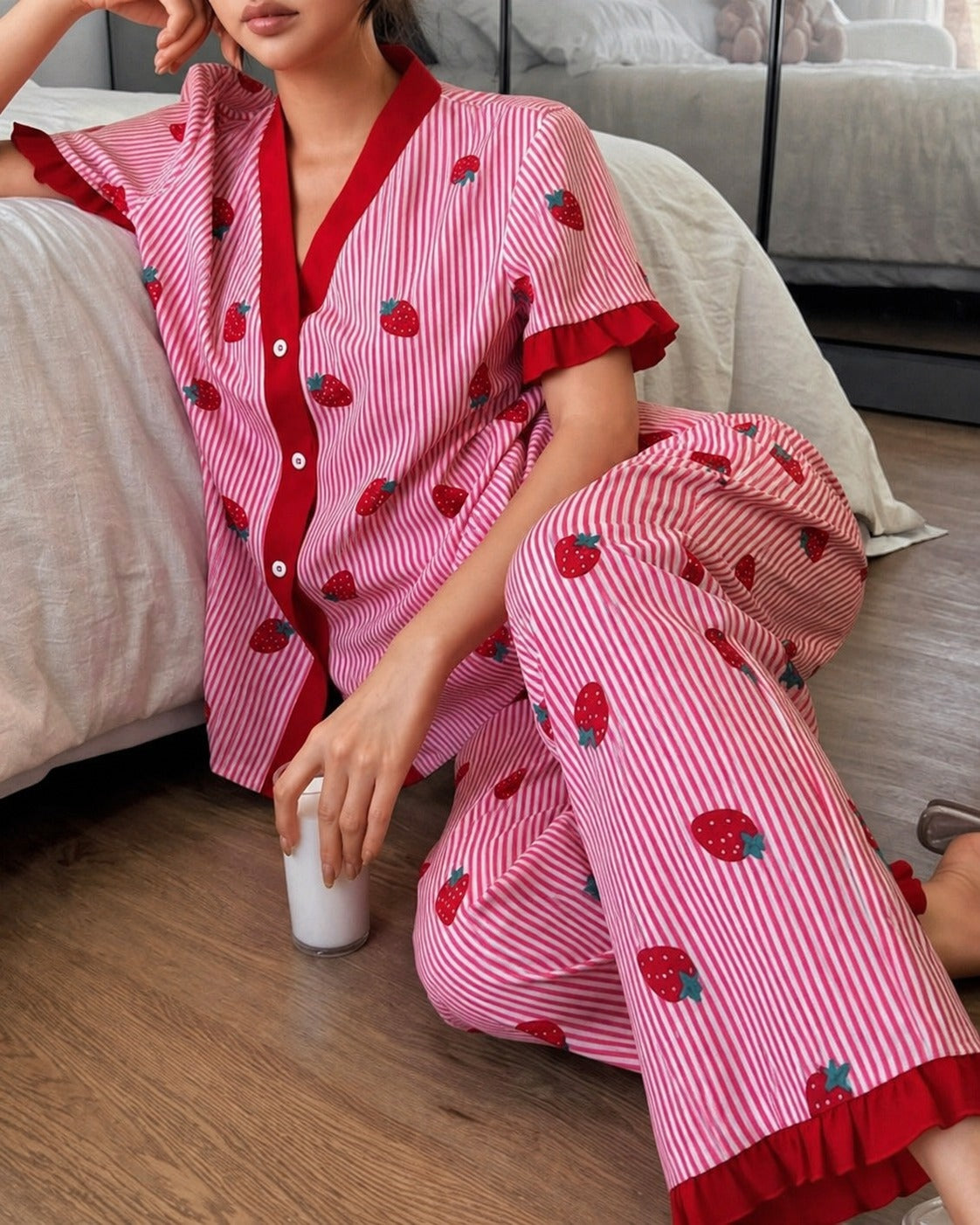 Baby Pink Strawberries with Lining Printed Half Sleeves V-Neck Button PJ Set For Her
