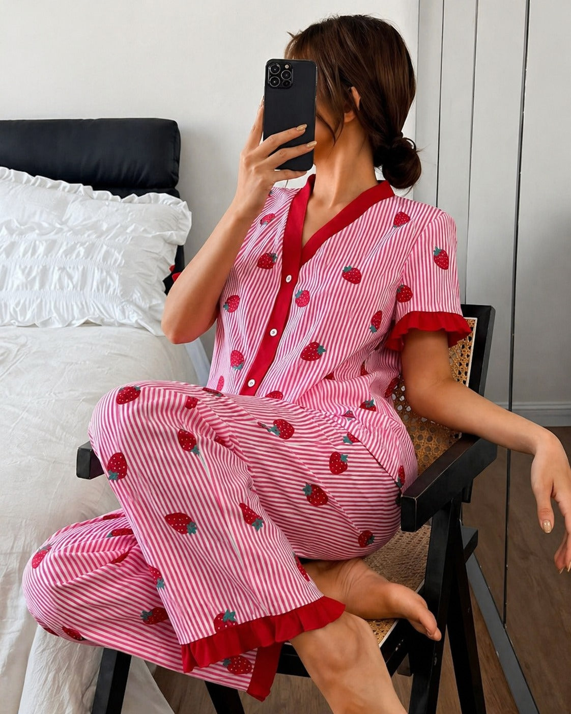 Baby Pink Strawberries with Lining Printed Half Sleeves V-Neck Button PJ Set For Her