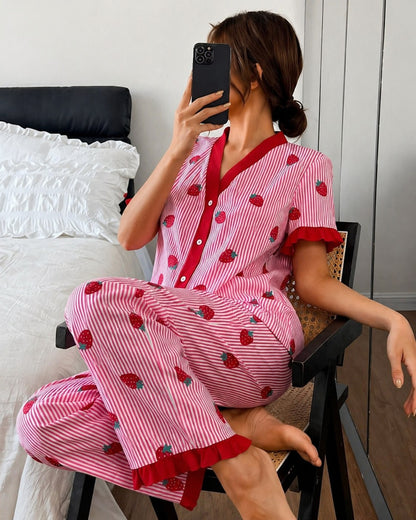 Baby Pink Strawberries with Lining Printed Half Sleeves V-Neck Button PJ Set For Her