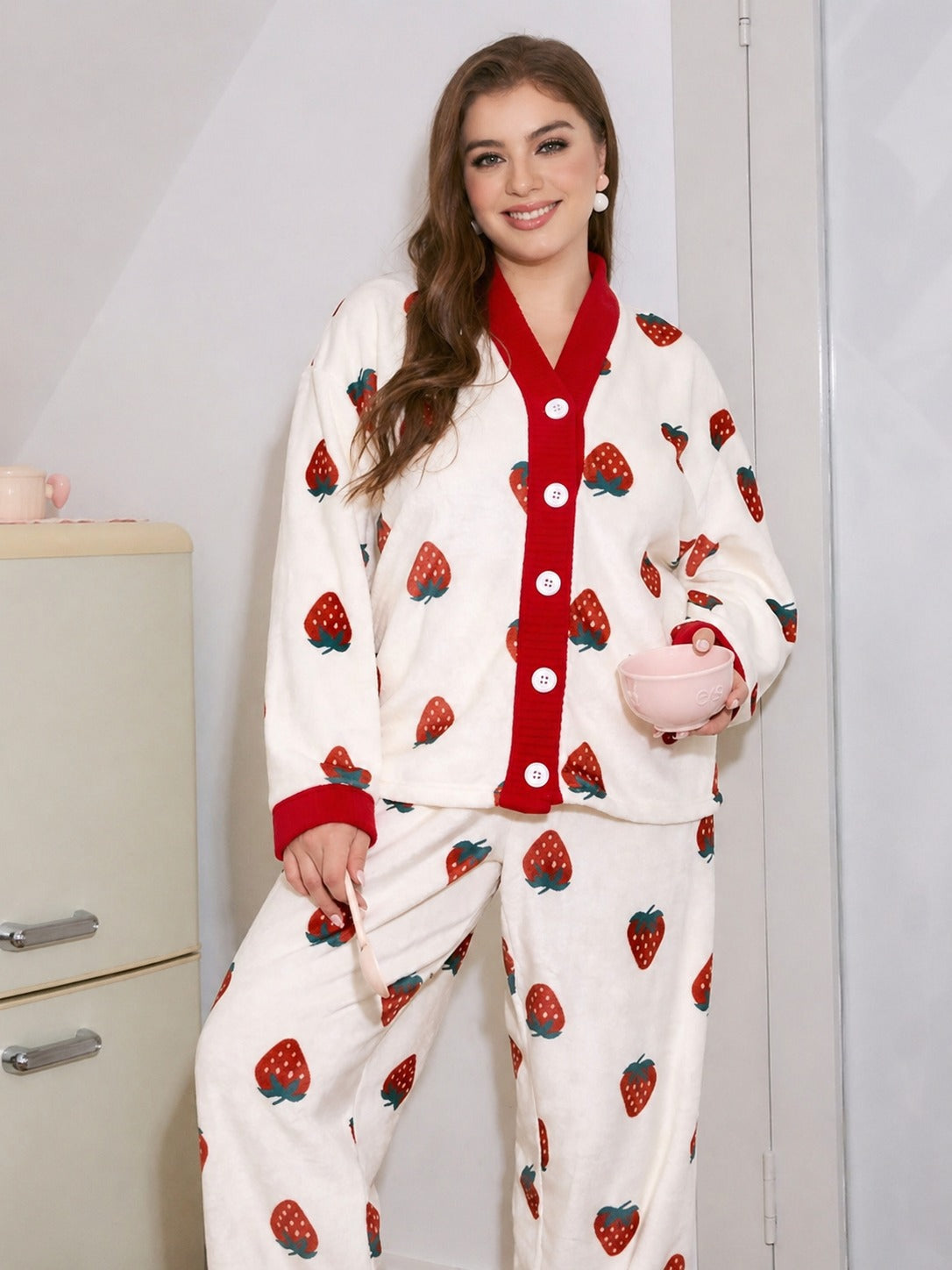 White with Red Strawberries Printed V-Neck Button PJ Set For Her