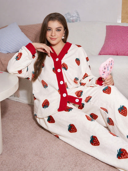 White with Red Strawberries Printed V-Neck Button PJ Set For Her