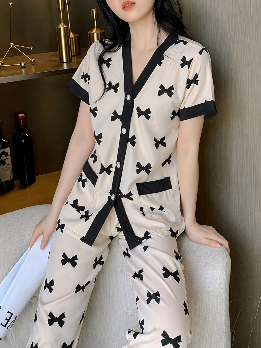 Off White with Black Bow Printed Half Sleeves V-Neck Button PJ Set For Her
