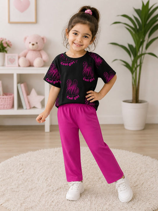 Black & Dark Pink Cool Girl with Rabit Printed Half Sleeves Kids Suit