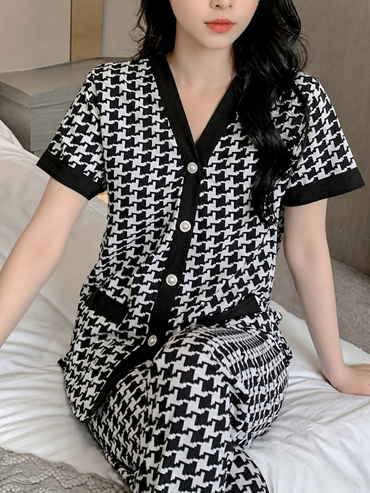 Black & White Small Cheq Printed Half Sleeves V-Neck Button PJ Set For Her