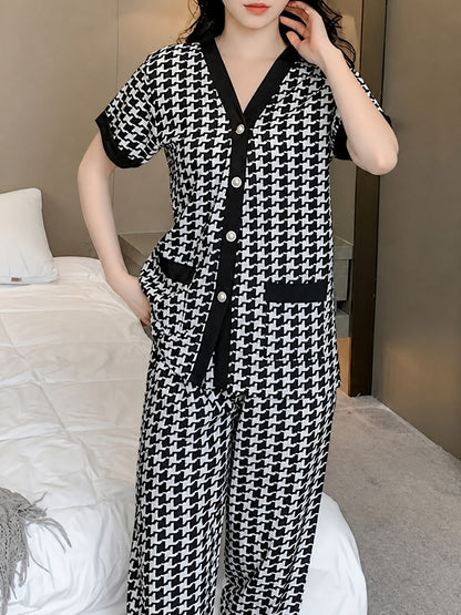 Black & White Small Cheq Printed Half Sleeves V-Neck Button PJ Set For Her