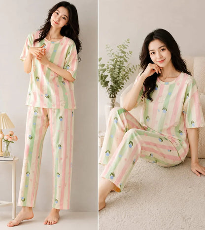 Off White Multicolors All Flowers Printed Half Sleeves PJ Set For Her