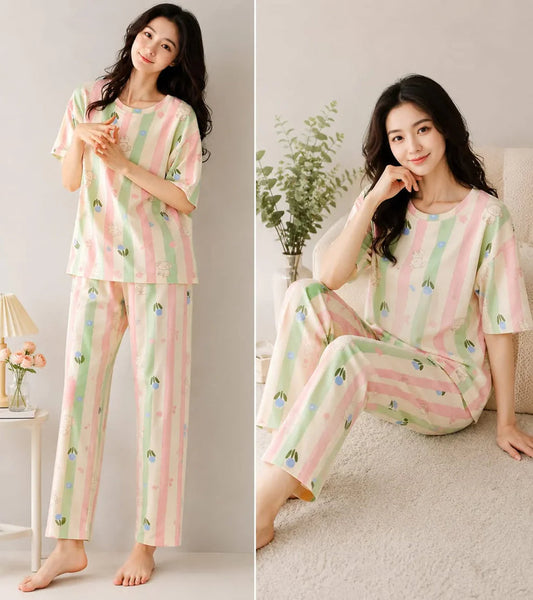Off White Multicolors All Flowers Printed Half Sleeves PJ Set For Her