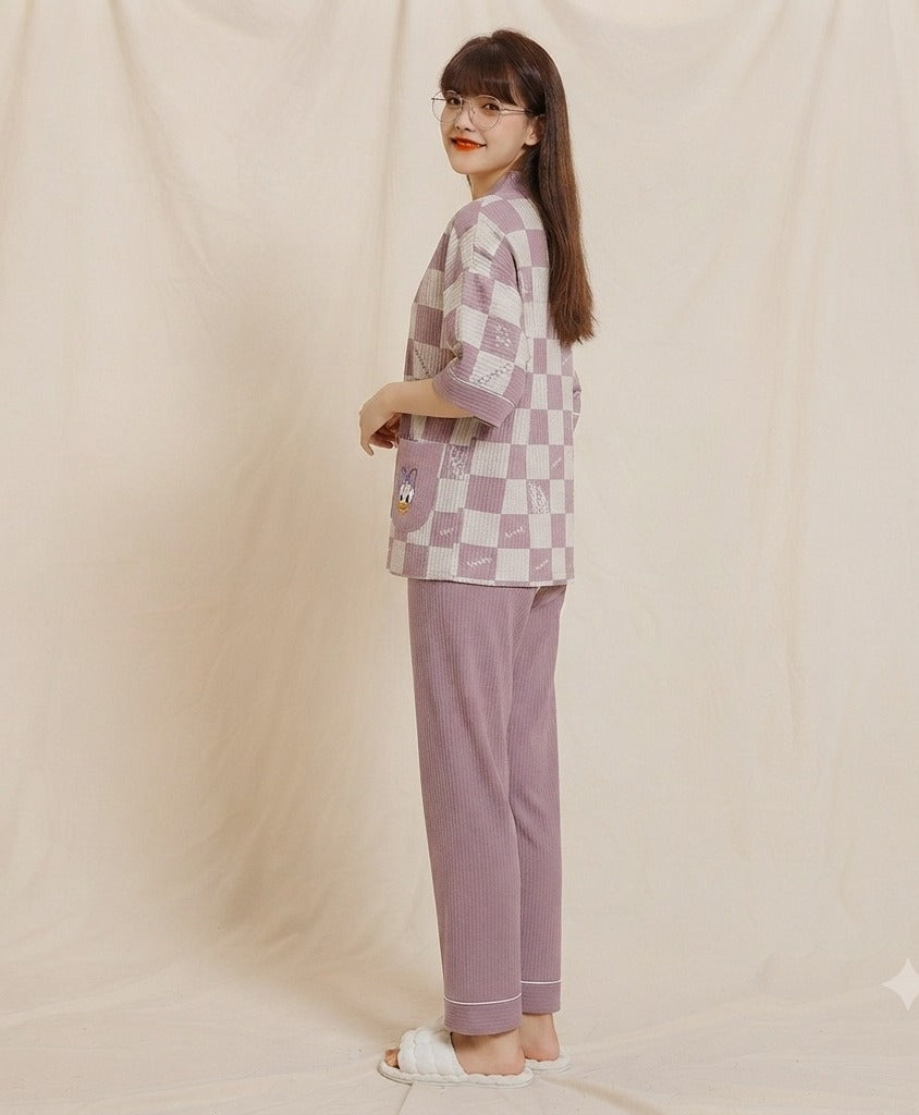 White Lilac Cheq Duck Printed Half Sleeves V-Neck Button Printed PJ Set For Her
