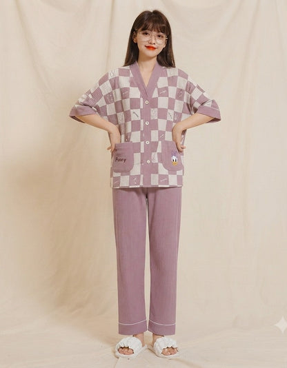 White Lilac Cheq Duck Printed Half Sleeves V-Neck Button Printed PJ Set For Her