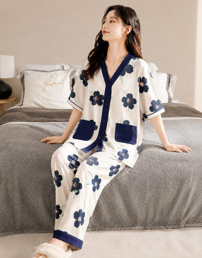 Off White with Multi Blue BIG Flowers Printed Half Sleeves V-Neck Button Printed PJ Set For Her
