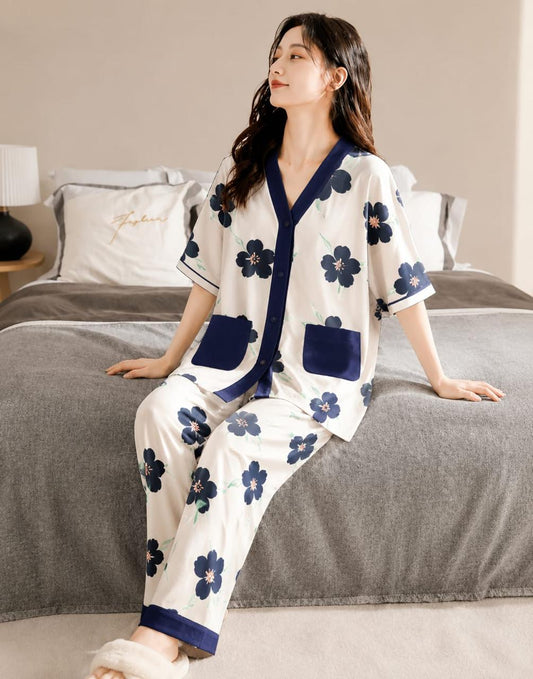 Off White with Multi Blue BIG Flowers Printed Half Sleeves V-Neck Button Printed PJ Set For Her