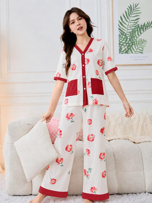 Off White with Multi Red Roses Printed Half Sleeves V-Neck Button Printed PJ Set For Her