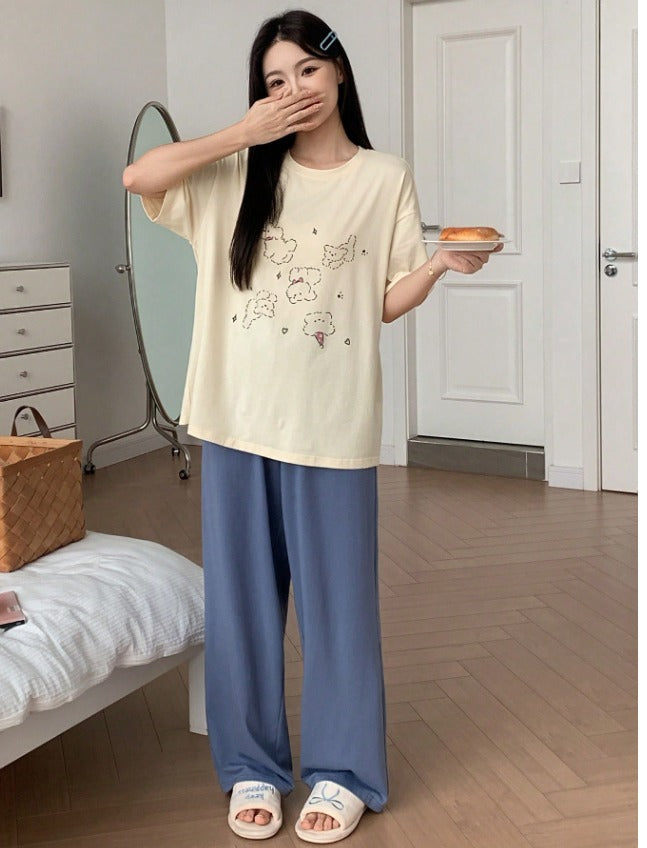 Yellow Blue Cloudy Printed Half Sleeves PJ Set For Her