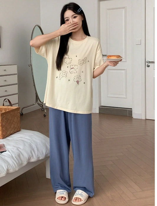 Yellow Blue Cloudy Printed Half Sleeves PJ Set For Her