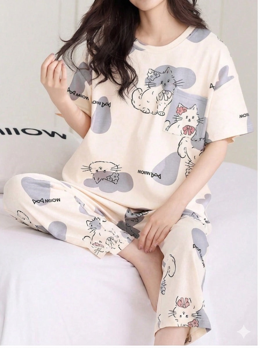 Off White Kitty Printed Half Sleeves PJ Set For Her