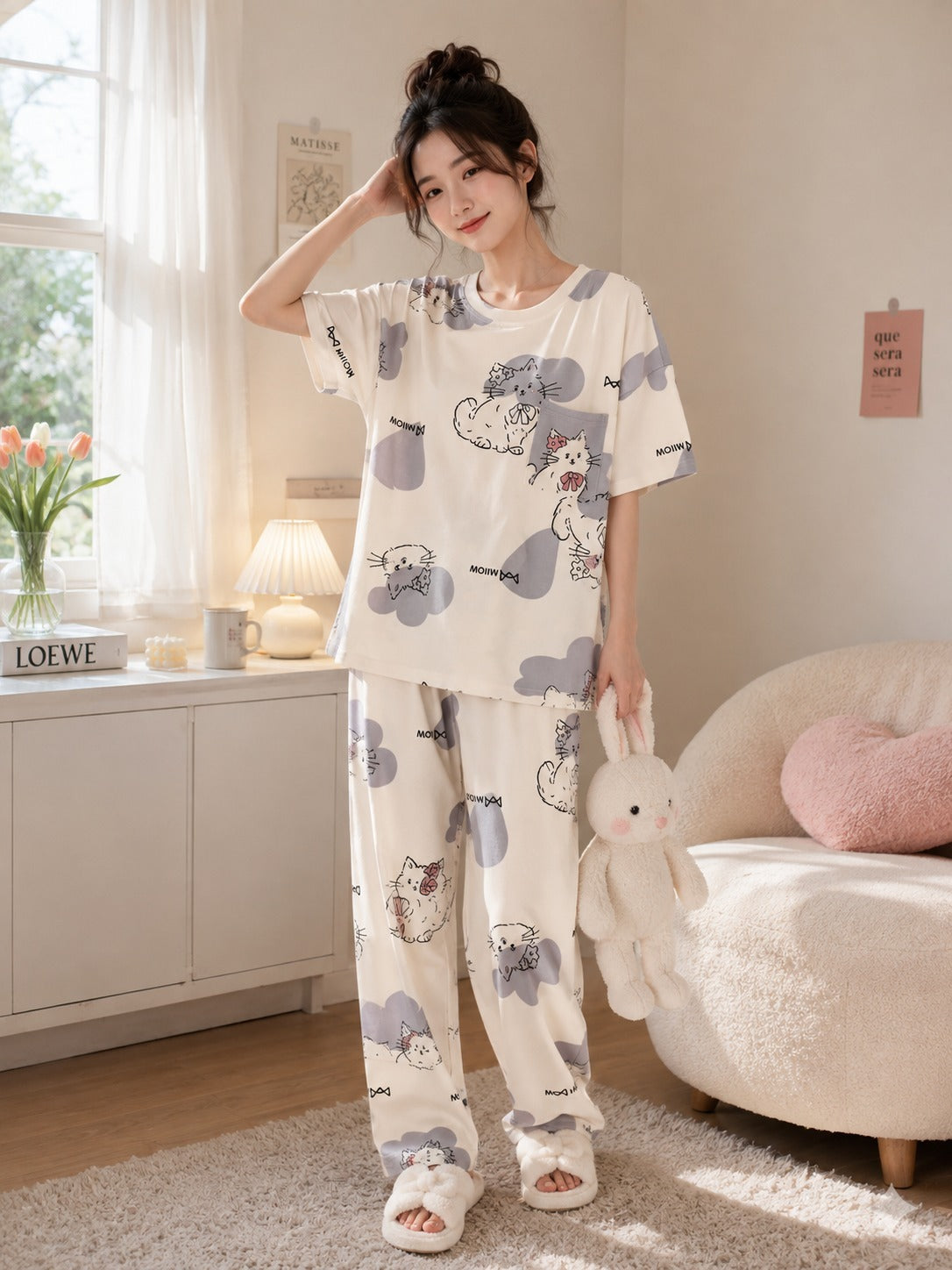 Off White Kitty Printed Half Sleeves PJ Set For Her