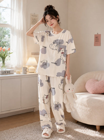 Off White Kitty Printed Half Sleeves PJ Set For Her