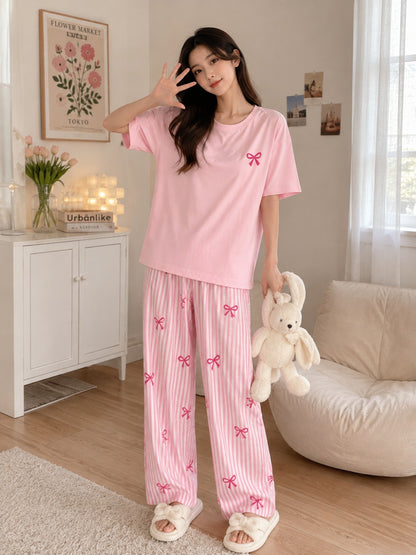 Pink Bow with Stripe Printed Half Sleeves PJ Set For Her