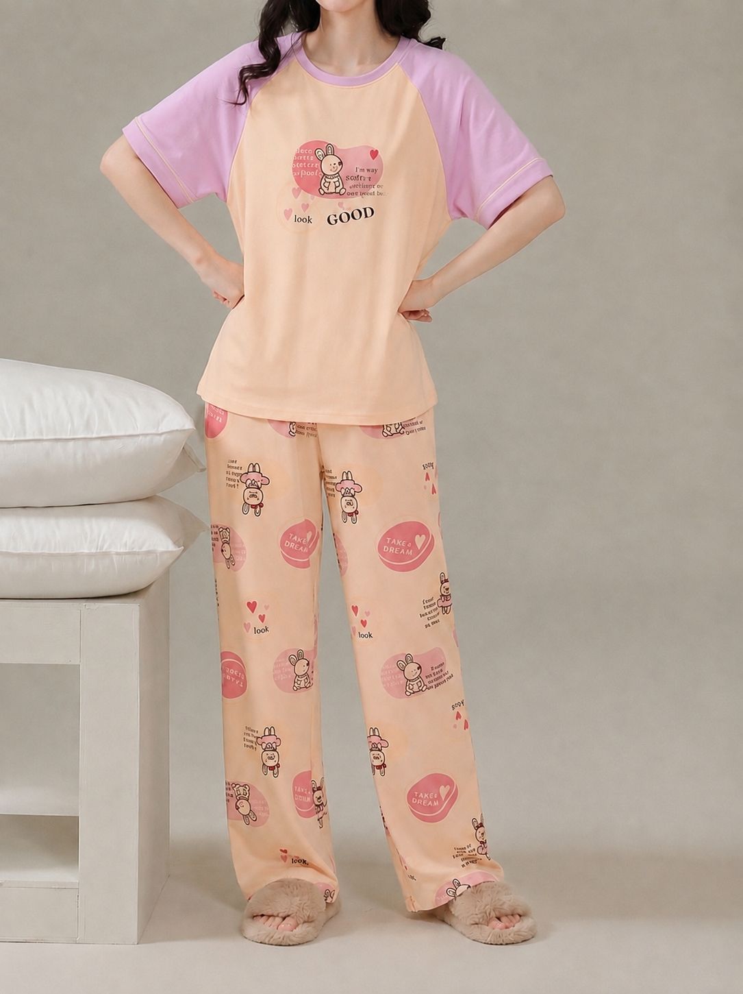 Pink Bunny Dream Printed Half Sleeves PJ Set For Her