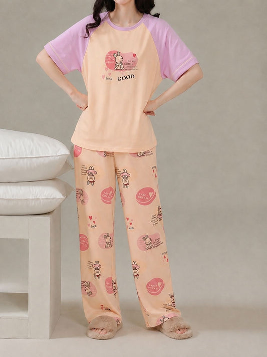 Pink Bunny Dream Printed Half Sleeves PJ Set For Her