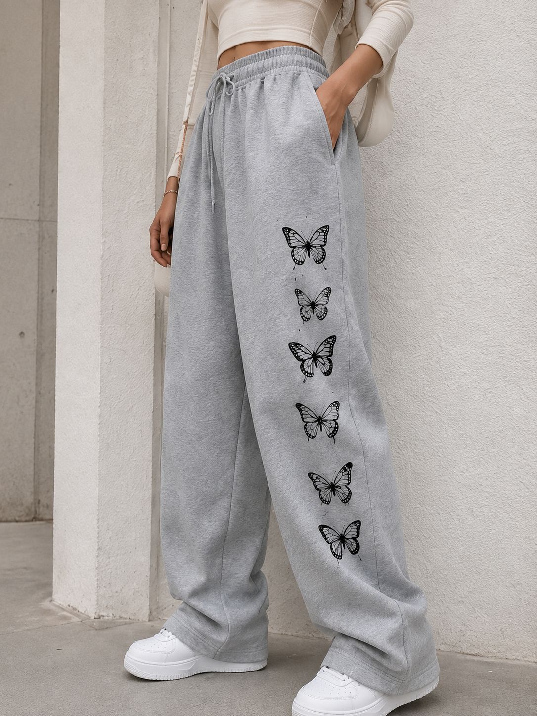 Grey Butteflies Printed Wide Leg Baggy Trouser For Her