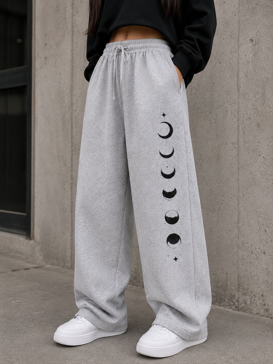 Grey Moon Phase Printed Wide Leg Baggy Trouser For Her