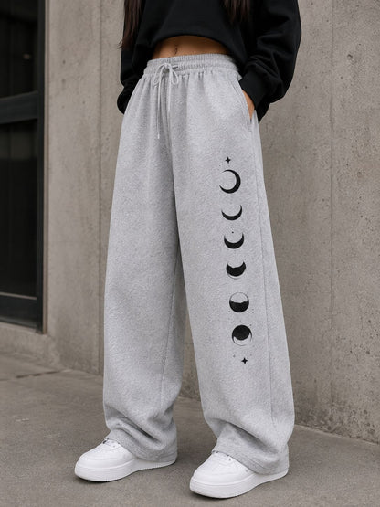 Grey Moon Phase Printed Wide Leg Baggy Trouser For Her
