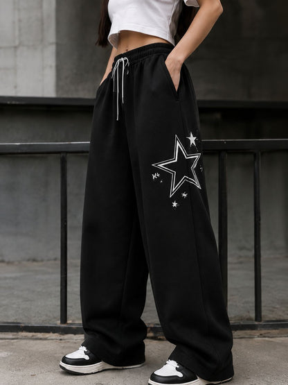 Black Star Printed Wide Leg Baggy Trouser For Her
