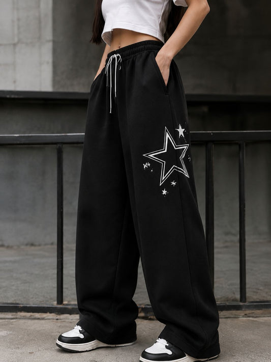 Black Star Printed Wide Leg Baggy Trouser For Her