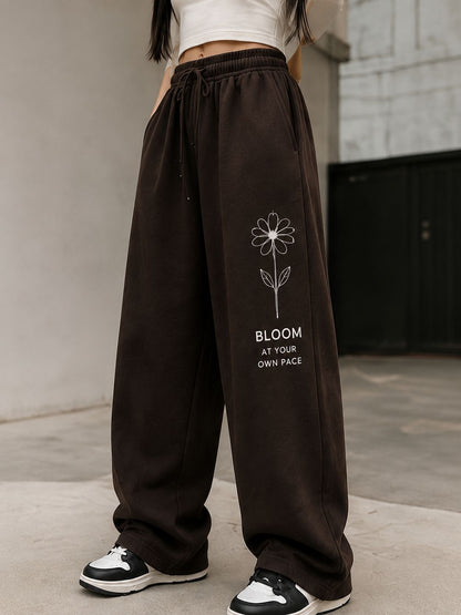Brown Minimal Flower Printed Wide Leg Baggy Trouser For Her