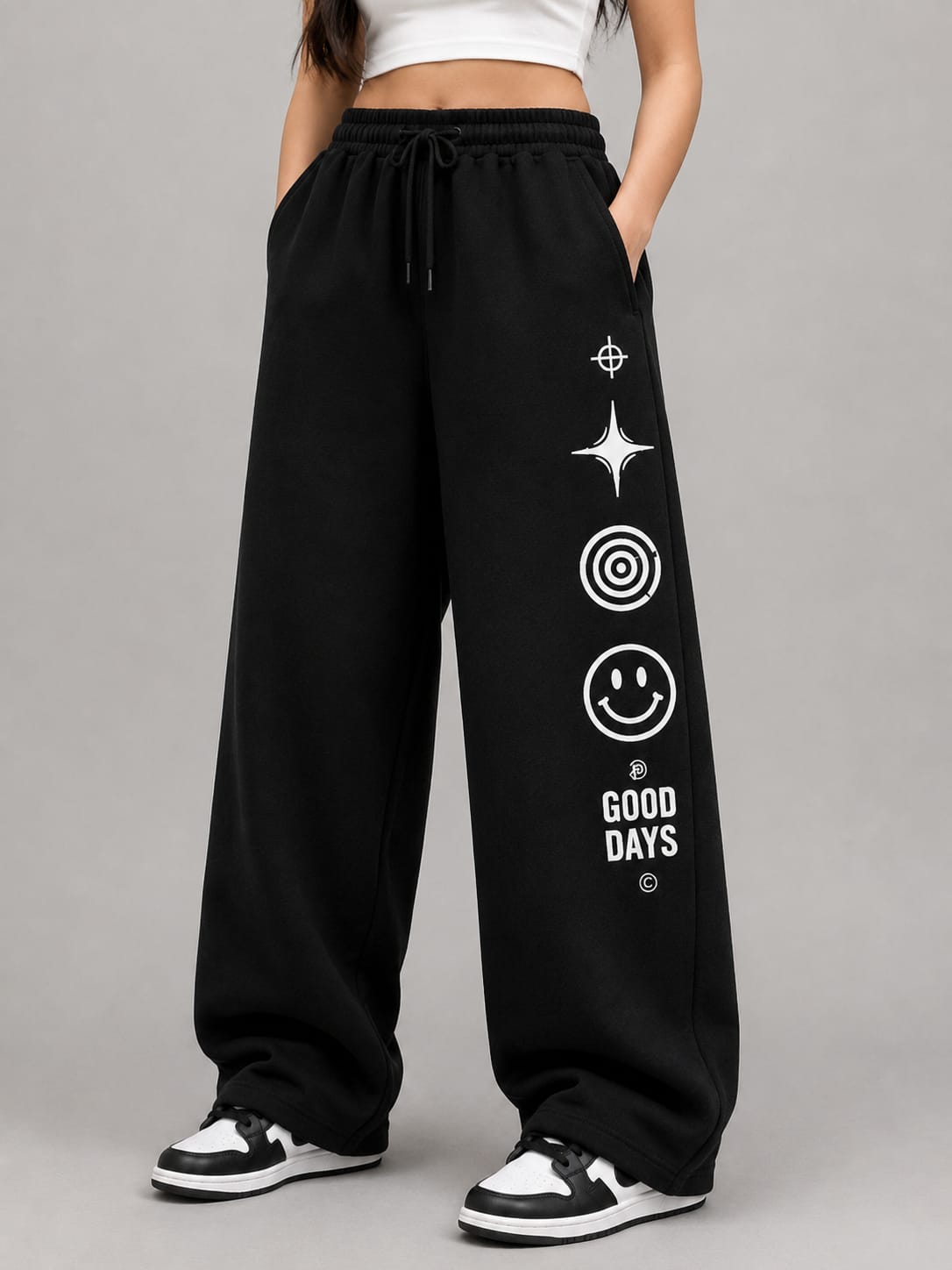 Black Good Days Printed Wide Leg Baggy Trouser For Her