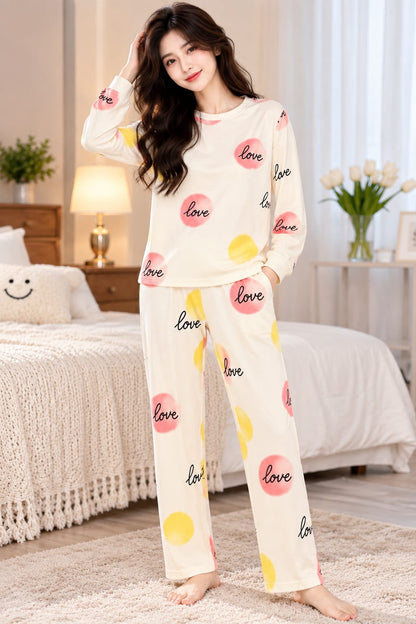 Off White Multi Dot Love Printed Full Sleeves PJ Set For Her
