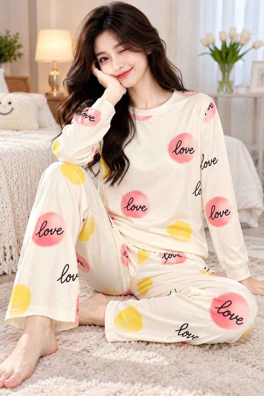 Off White Multi Dot Love Printed Full Sleeves PJ Set For Her