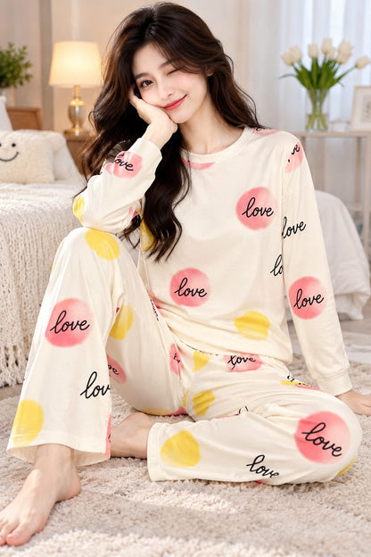 Off White Multi Dot Love Printed Full Sleeves PJ Set For Her