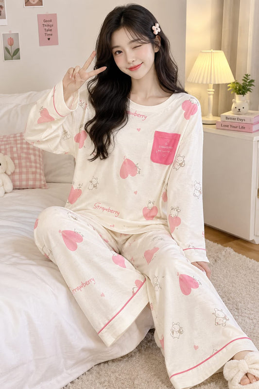 Off White Strawberry Bunny Printed Full Sleeves PJ Set For Her