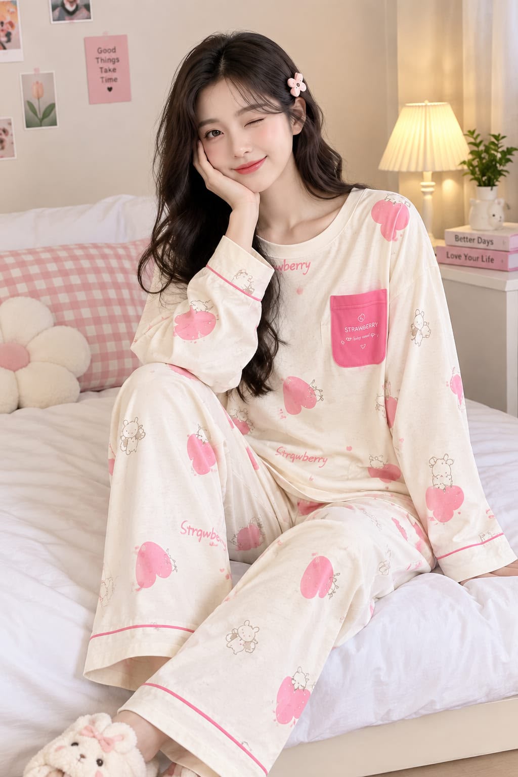 Off White Strawberry Bunny Printed Full Sleeves PJ Set For Her