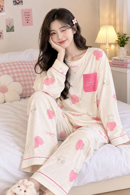 Off White Strawberry Bunny Printed Full Sleeves PJ Set For Her