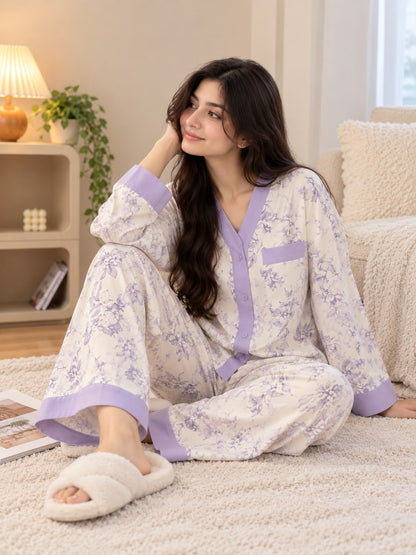 Lavender Floral Printed V-Neck Button PJ Set For Her