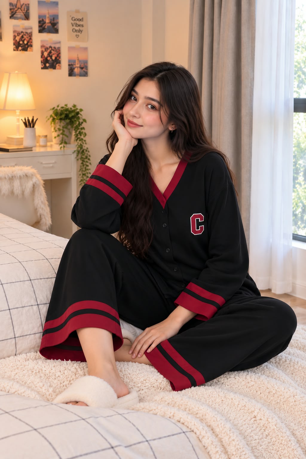 Black with Maroon Classic Printed V-Neck Button PJ Set For Her