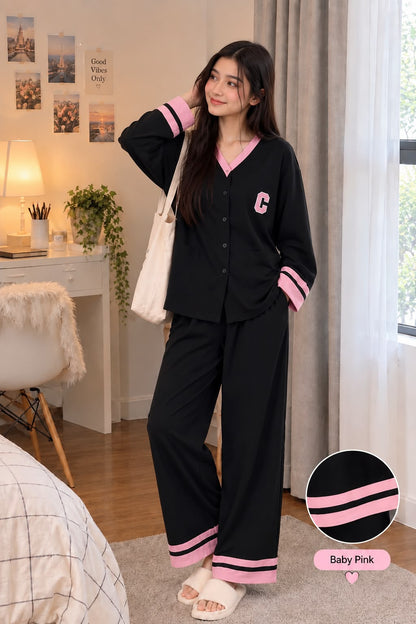 Black with Pink Classic Printed V-Neck Button PJ Set For Her
