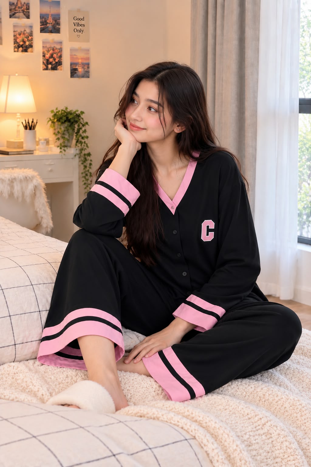 Black with Pink Classic Printed V-Neck Button PJ Set For Her