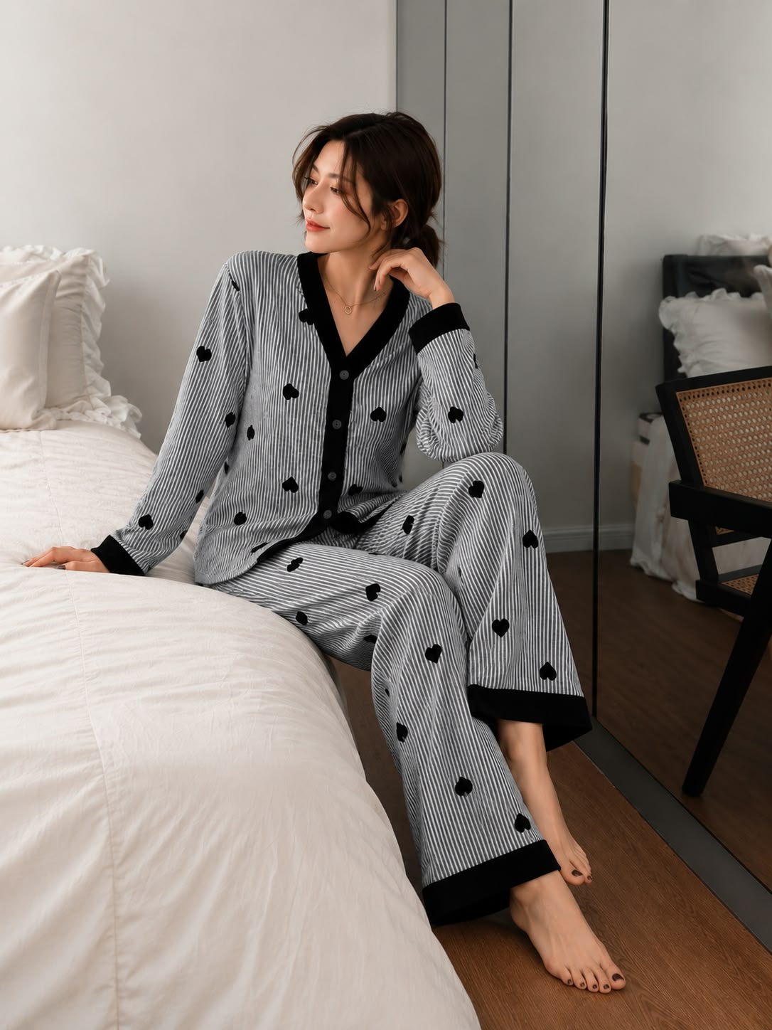 Black Heart Stripe Printed V-Neck Button PJ Set For Her