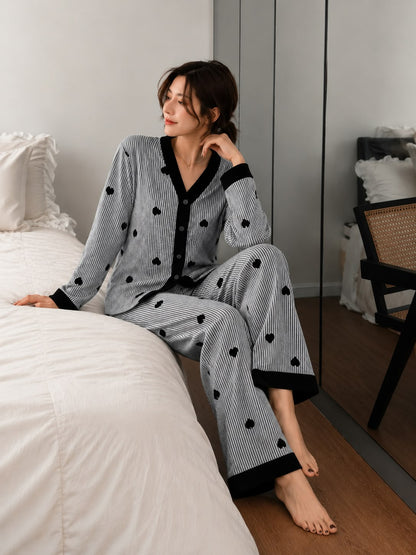 Black Heart Stripe Printed V-Neck Button PJ Set For Her