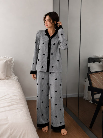Black Heart Stripe Printed V-Neck Button PJ Set For Her