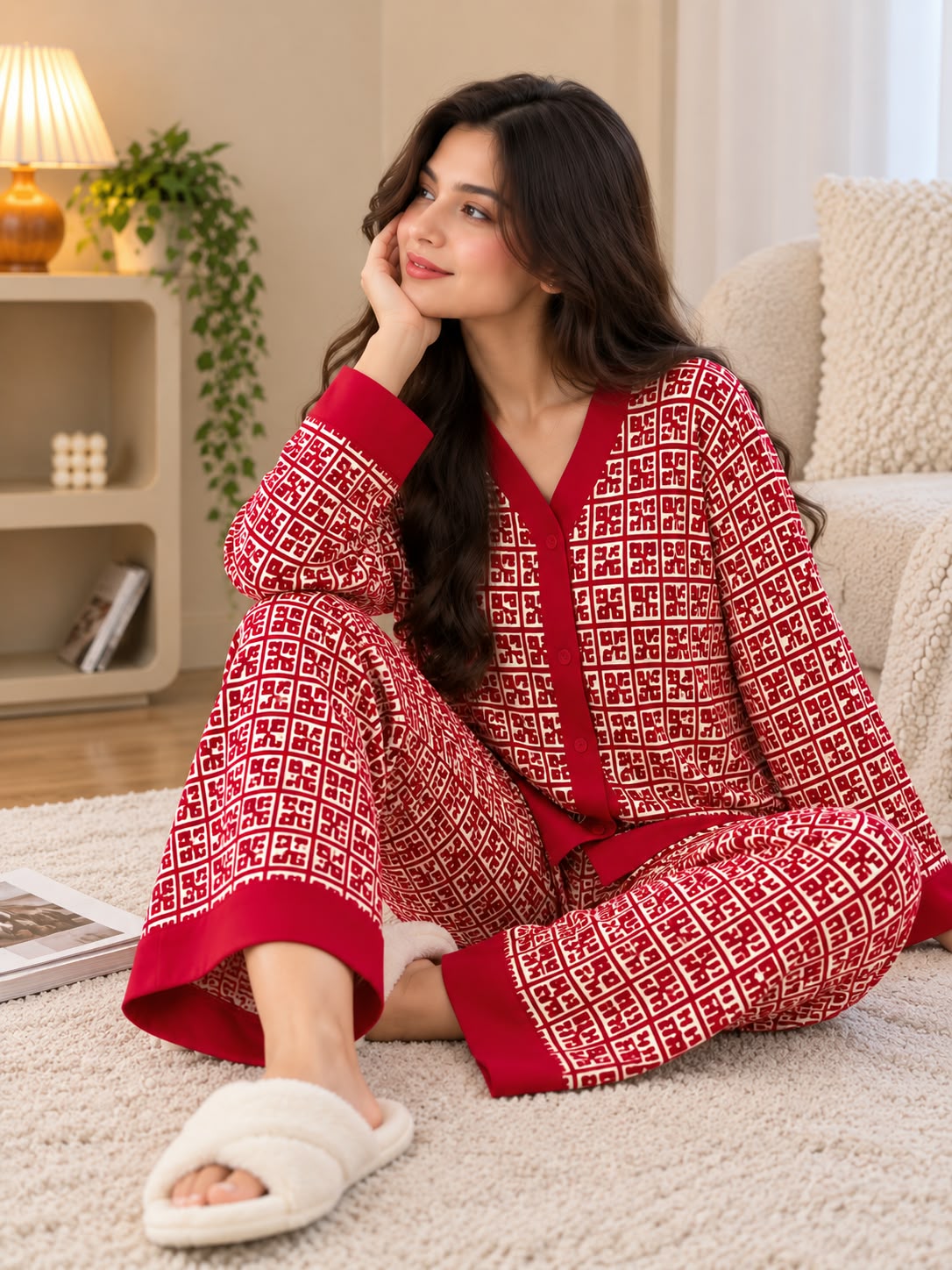 Red Crimson Printed V-Neck Button PJ Set For Her
